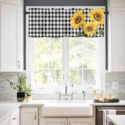Sunflower Kitchen Curtains Set Black White Buffalo Plaid 2