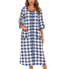 Women's Plaid Housecoat with Zipper Front and Pockets S-2XL