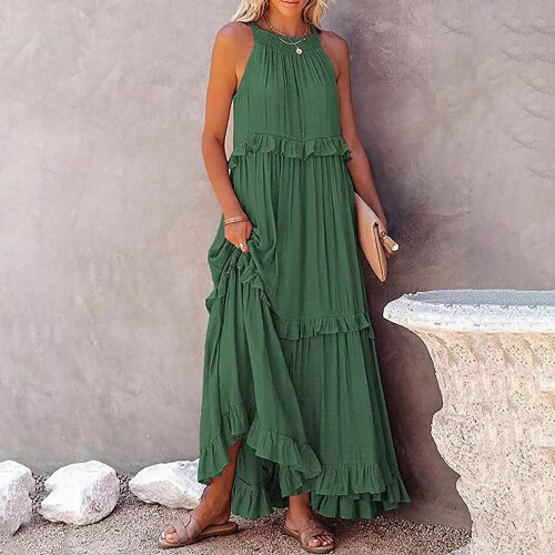 Boho-Maxikleid für Damen, grün, einfarbig, ärmellos, Sommer 2