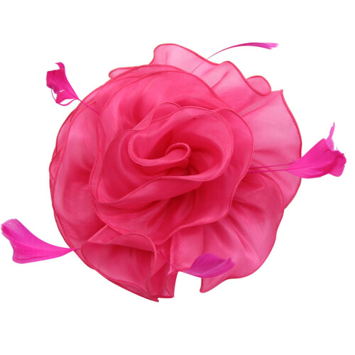 Cappello Derby da donna rosa acceso con fiori, piume e rete per capelli 2