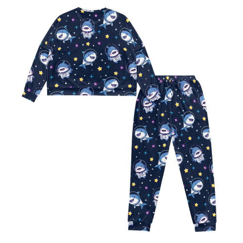 Women's Shark Print Drawstring Pajama Set Long Sleeve Top 1
