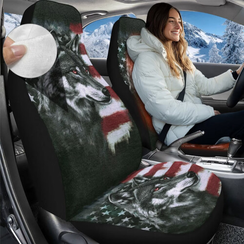 Bilsätesöverdrag fram Mjukt plysch Wolf Flag Universal Fit1 1