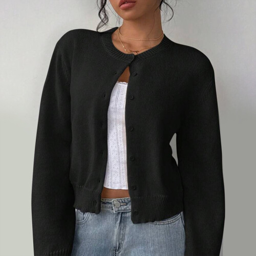Women's Black Knit Cardigan Long Sleeve Button Front Short 1