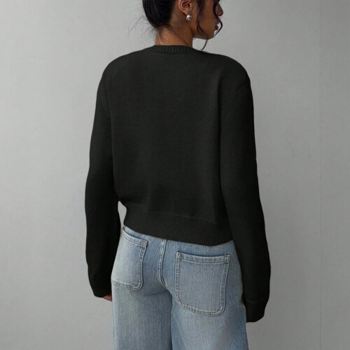 Women's Black Knit Cardigan Long Sleeve Button Front Short 2