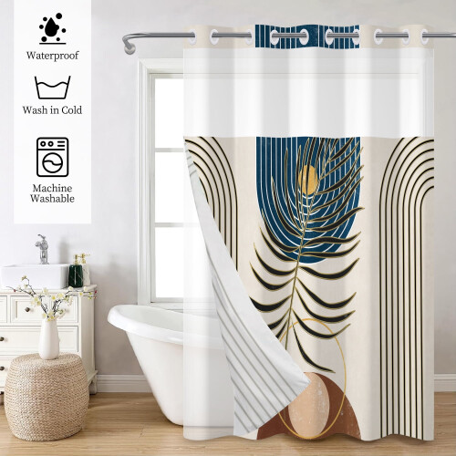 Κουρτίνα μπάνιου με μπεζ ρίγες σε χρώμα boho και επένδυση που κουμπώνει 127 εκ. 1
