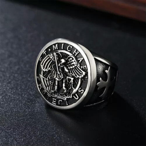 Men's Stainless Steel Saint Michael Ring Silver Size 7-15 1
