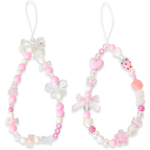 Pink Beaded Y2K Phone Charm 2 pcs Butterfly Bow Keychain
