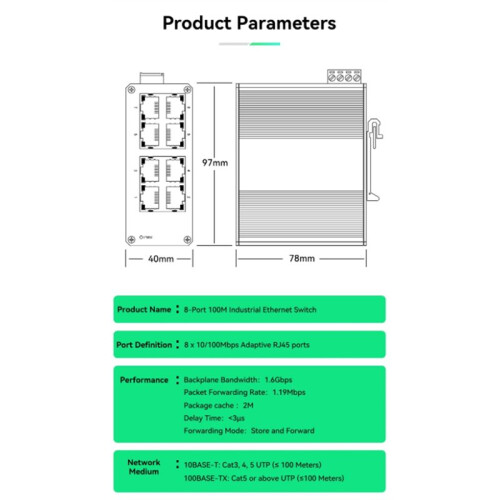 Industrial  de 8 Portas 100M com Ethernet, Compatível com Trilho DIN, Conecte e Use e Proteção IP40 2