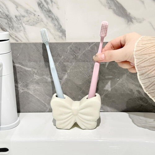 Ceramic Toothbrush Holder with Bow Design White 1
