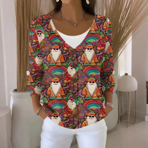 Women's Christmas Print Button-Up Cardigan Red 2