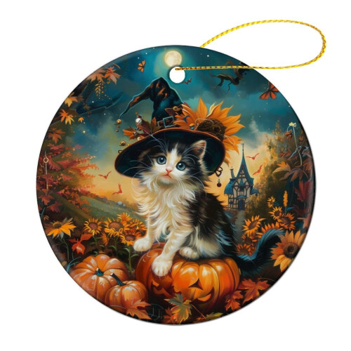 Kitten Witch Hat Ceramic Ornament Black White Vintage 2