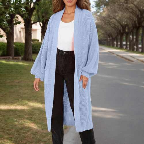 Women's Blue Knitted Lightweight Long Cardigan 1
