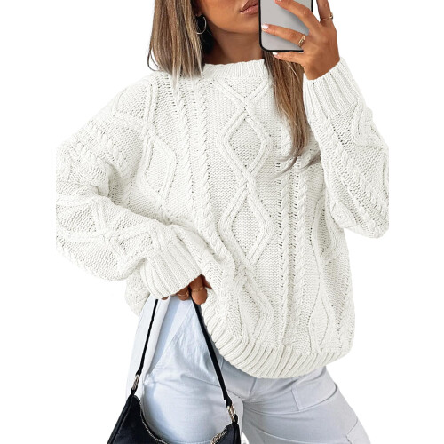 Polyester Women's Oversized Cable Knit Sweater Round Neck