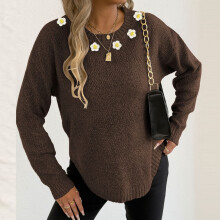 Women's Solid Floral Knit Sweater Round Neck Long Sleeve
