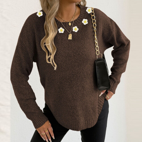 Women's Solid Floral Knit Sweater Round Neck Long Sleeve