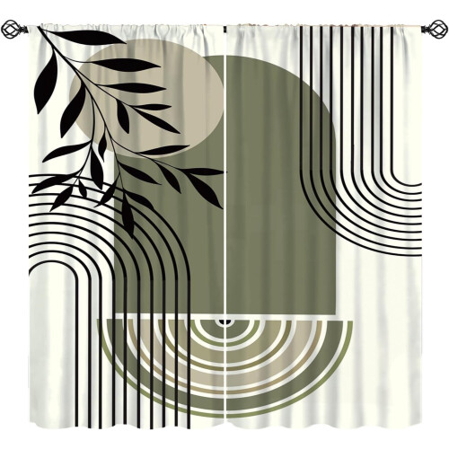Boho Curtain Set Abstract Leaves Green Thermal 2 Panels