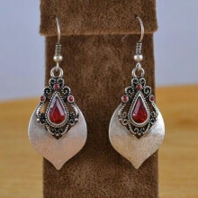 Vintage 925 Silver Moonstone Dangle Earrings Red