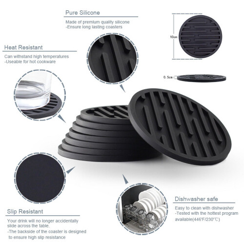 Black Drink Coasters Set - Soft Cup Mats with Striped 2