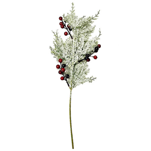 Frosted Artificial Pine Branches with Red Berries and Birds