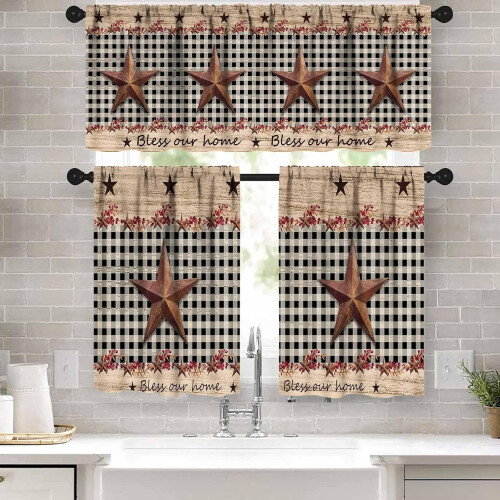 Brown Farmhouse Valance Set Wooden Plank Pattern 3 pcs 1