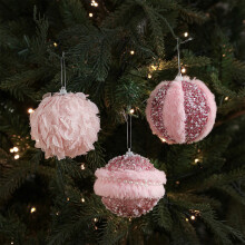 Pink Plush Christmas Ball Ornament with Glitter Pearls Beads