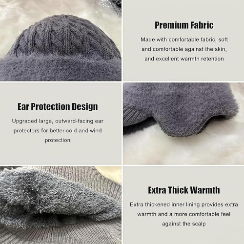 Baseball Beanie Fur-Lined Warm Knitted Hat with Ear Flaps 2