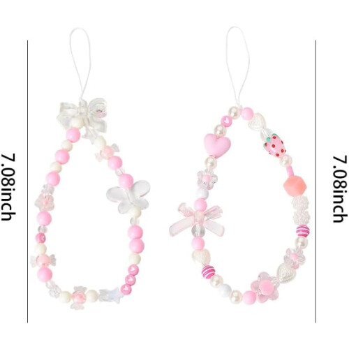 Pink Beaded Y2K Phone Charm 2 pcs Butterfly Bow Keychain 1