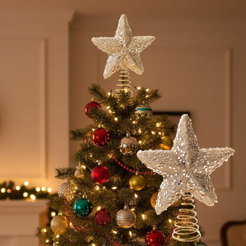 HomeKingdee Glitter Star Tree Topper Champagne 1