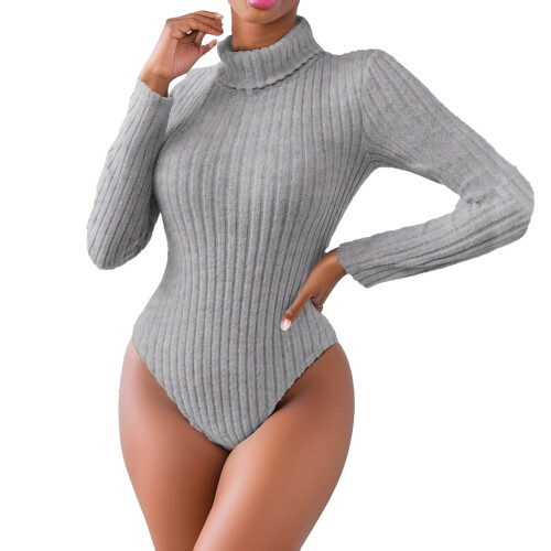 Women's Ribbed Turtleneck Long Sleeve Bodysuit Gray L