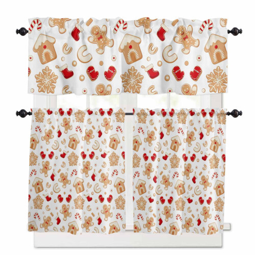 Gingerbread Man Kitchen Curtains Set White Rod Pocket