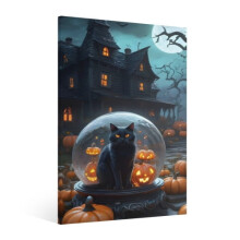 Quadro vintage di Halloween su tela con gatto nero, zucca e castello, incorniciato.
