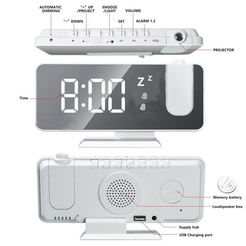 LED Projection Alarm Clock White 7.5 inch Dual Alarm 1