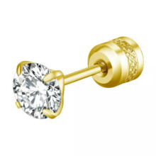 Steel Cubic Zirconia Round Stud Earrings Gold 4mm