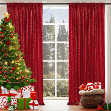 Sequined Rod Pocket Curtains Red Gold 61x243cm Nylon Spandex