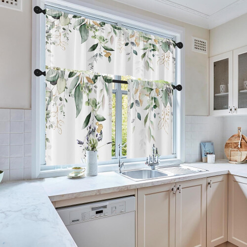 Spring Leaves Kitchen Curtains Valance & Tier Set Green 2