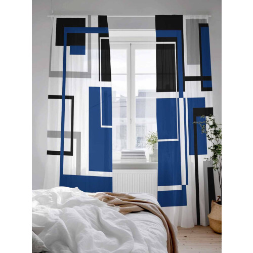 Sheer Curtains Abstract Black Blue Geometric Stripe 52x96 2