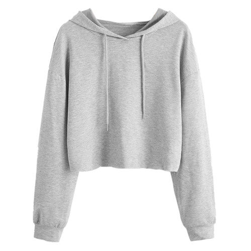 Women's Drawstring Crop Sweatshirt Hoodie Gray Long Sleeve 1