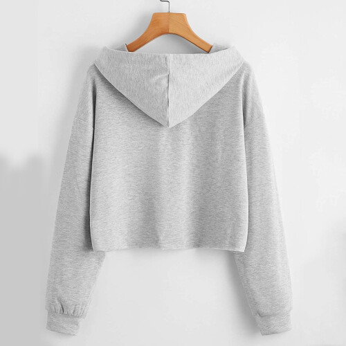 Women's Drawstring Crop Sweatshirt Hoodie Gray Long Sleeve 2