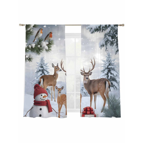 Christmas Sheer Curtains Red Snowman Deer Pine Tree Design