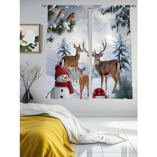 Christmas Sheer Curtains Red Snowman Deer Pine Tree Design 2