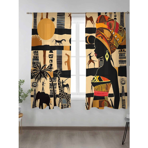 Sheer Curtains Beige African Giraffe Elephant Silhouette 1