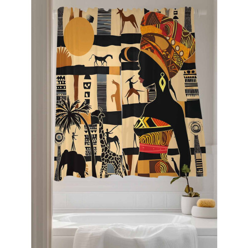 Sheer Curtains Beige African Giraffe Elephant Silhouette 2