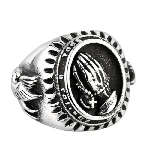 Jesus Cross Praying Hands Ring Stainless Steel Size 8