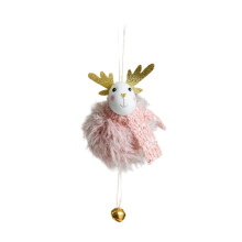 Pink Plush Reindeer Ornament with Golden Bell 15cm