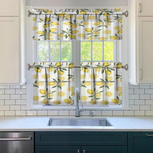 Yellow Lemon Kitchen Curtains Set with Valance 3-Piece 2