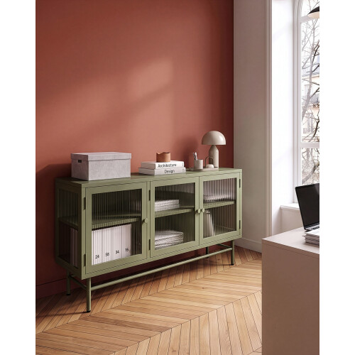 Beliani Glass Display Sideboard DEVON 115 cm Metal Green 1