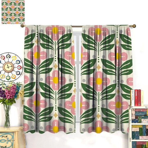 Retro 70s Floral Curtains Pink Green Pattern Rod Pocket 2