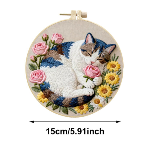 Floral Cat Embroidery Kit Beginner Set with Pattern Hoop 1