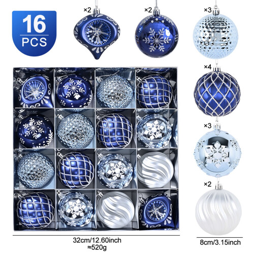 Blue Glitter Shatterproof Christmas Ornaments 16PCS 3.15 2