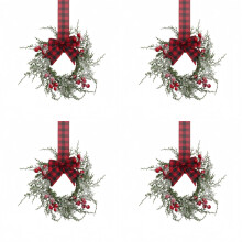 Mini Christmas Wreath Set Snow-Flocked Red Berry Bow 4 pcs